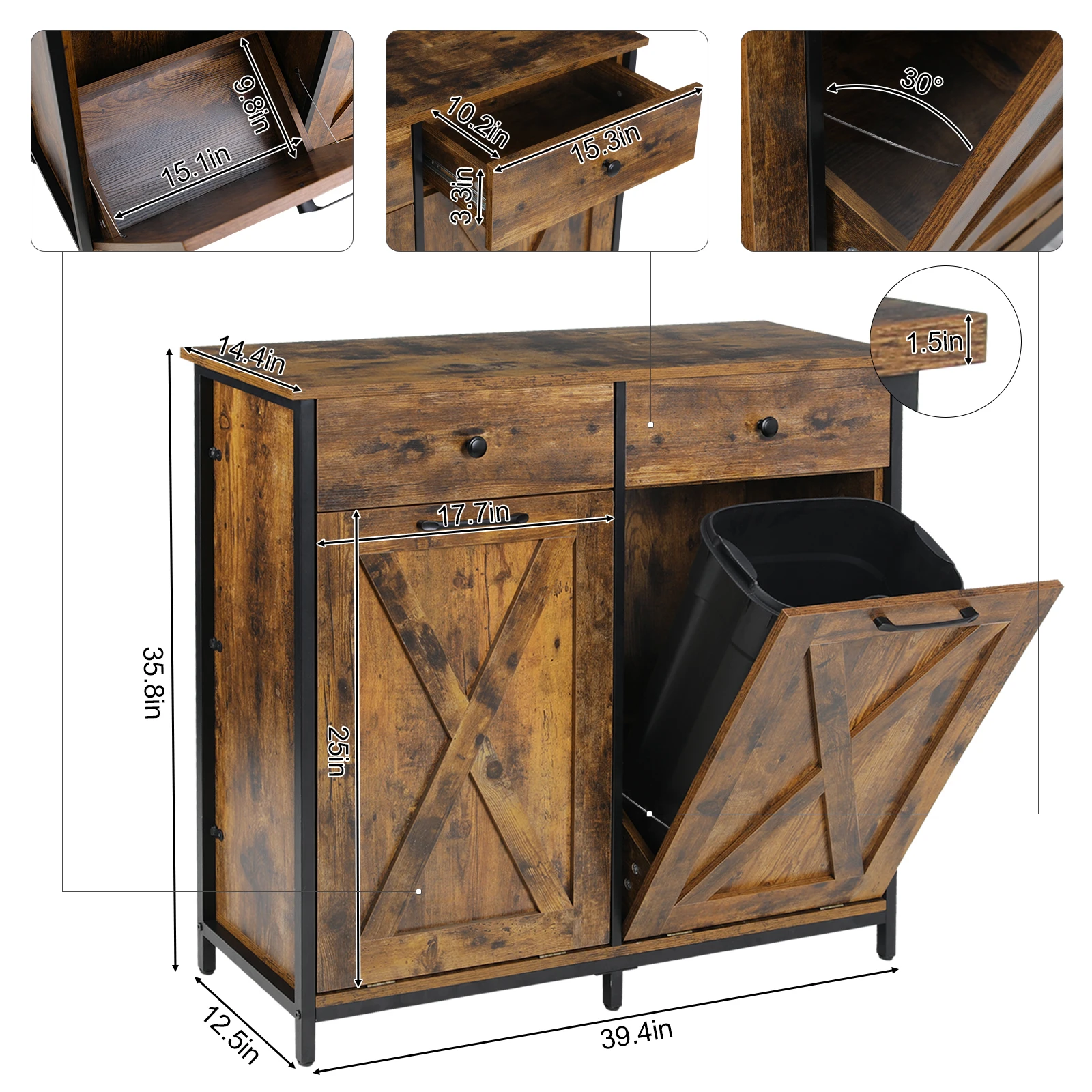 Double Tilt Out Trash Cabinet 20 Gal, Kitchen Wooden Recycling Cabinet, Hidden Trash Can Holder w/Drawers & Tabletop