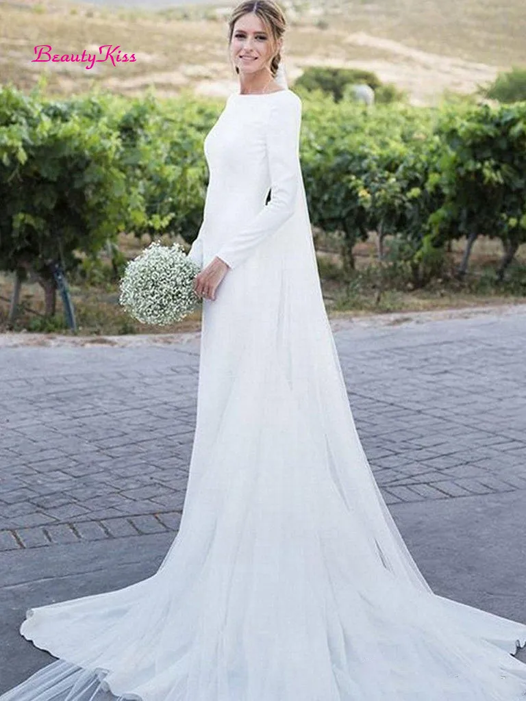 Robe de mariée en Satin à manches longues, fourreau, Simple, modeste, élégante, dos en V, boutons