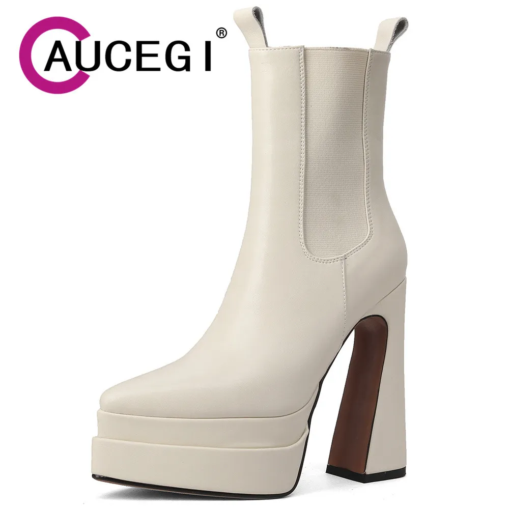 

Aucegi Fashionable British Style Women's Short Ankle Boots Autumn Winter New Pointed Toe Platform Thick High Heels Zipper Shoes