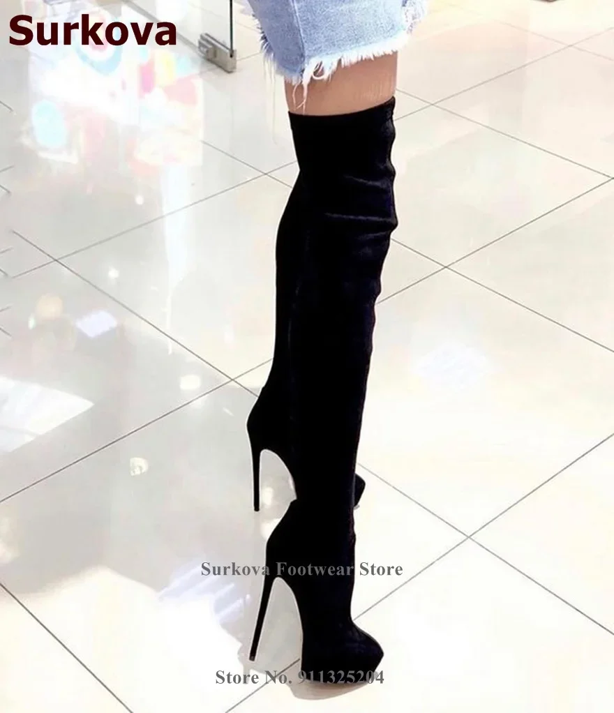 Surkova Nude Black Suede High Heel Platform Thigh High Boots Women Slim Fit Over-the-knee Gladiator Boots Outdoor Dress Shoes