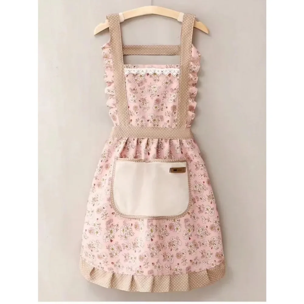 1PC Pink Lovely Canvas Apron Female Household Kitchen Cooking Antifouling Breathable Wear Cleaning Suitable