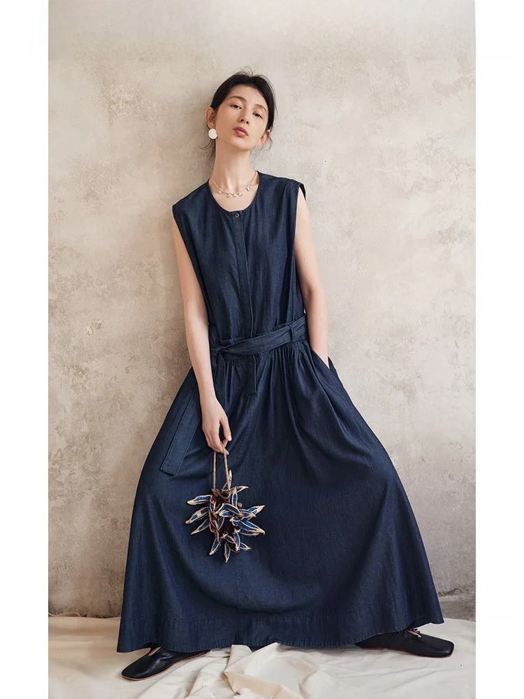 

Летнее платье Travel Original из 100% чесаного хлопка с добавлением шелка и конопли, без рукавов, с круглым вырезом, на одной пуговице, фасон H, новая модель