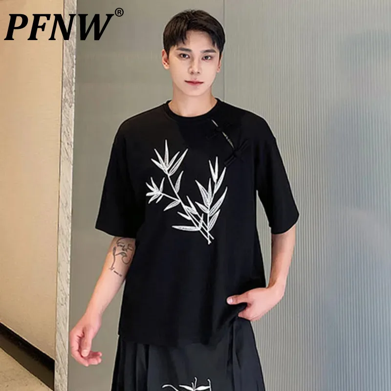 

PFNW Chinese Style Men's T-shirts Knot Button Bamboo Embroidery Tees Casual Round Collar Short Sleeve Male Tops New Summer 5695