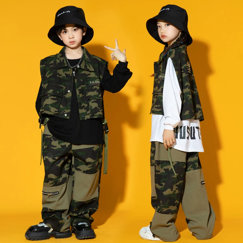 Bambini Kpop Streetwear Hip Hop abbigliamento Camo Vest Shirt top pantaloni Cargo per ragazze ragazzi Jazz Dance Costume adolescente che mostra vestiti