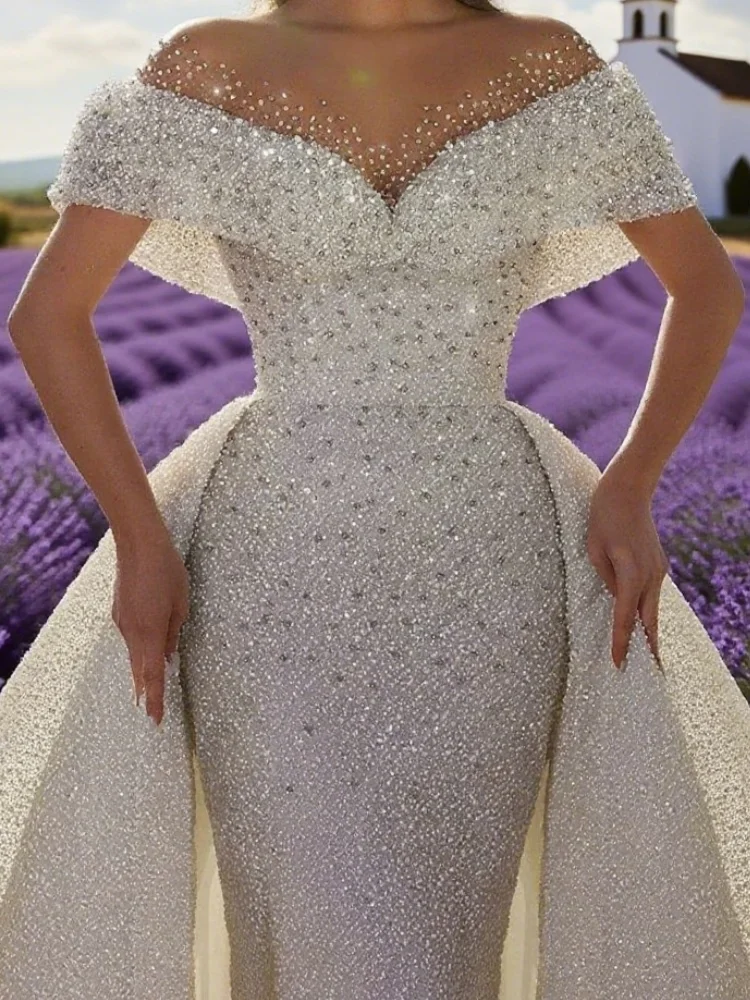 Customzied マーメイド高級ウェディングドレス恋人オフショルダーレースビーズ取り外し可能なトレインローブ