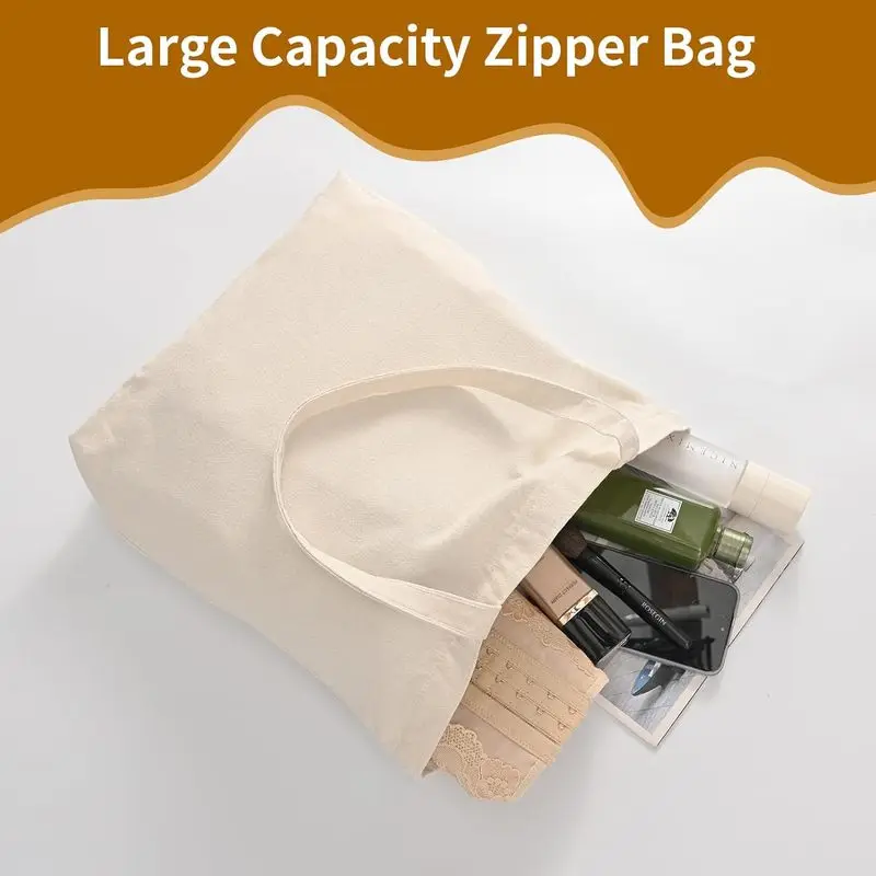 10 Pak Tas Tote Kanvas dengan Ritsleting, Tas Belanja Reusable dengan Pegangan Panjang, Tas Belanja Kosong untuk Sublimasi Transfer Panas DIY
