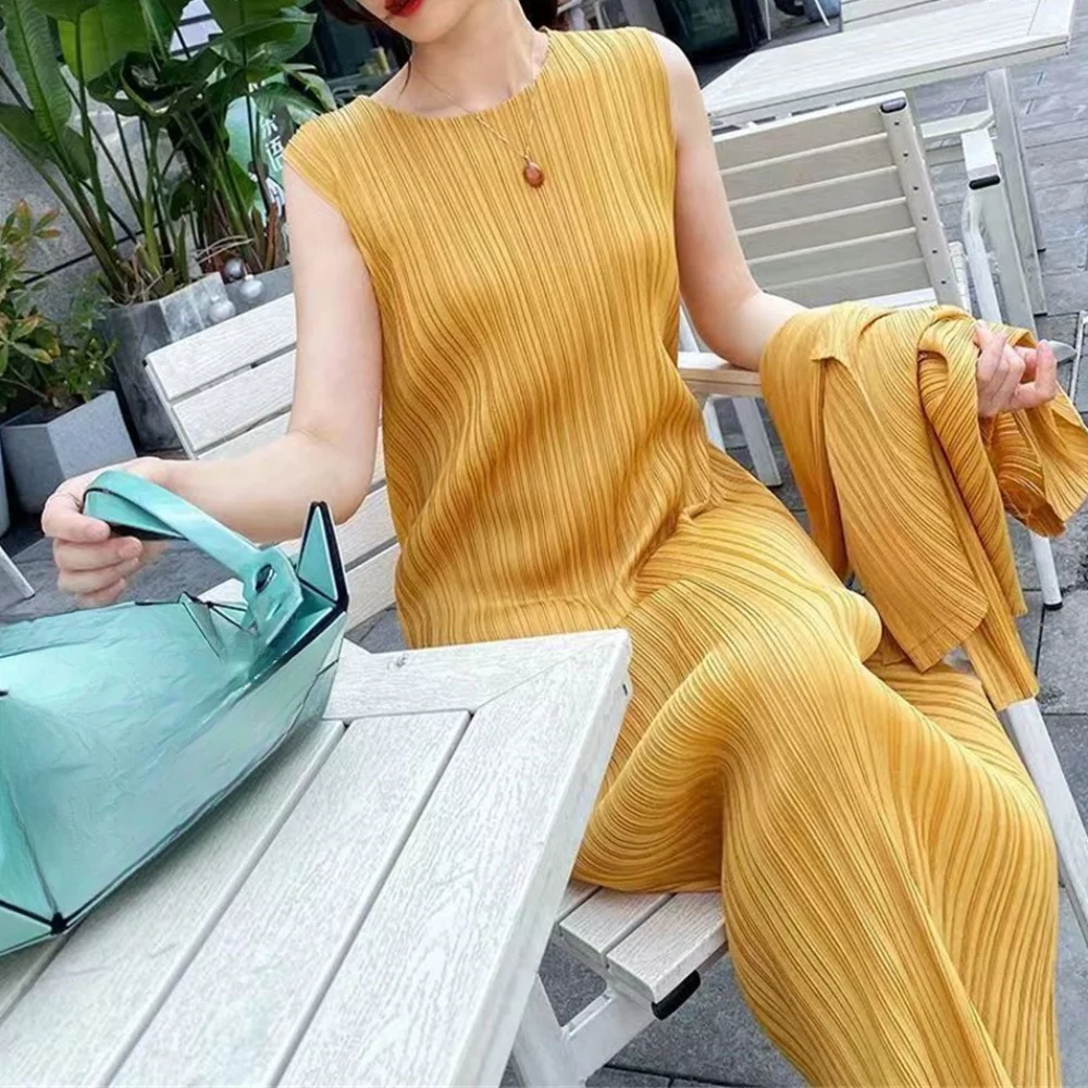 Pleated O-neck Trend Midi Dress Sleeveless Multi Color Vest Elegant Casual Basic Holiday Women's Clothing OL Lady 2024 Summer