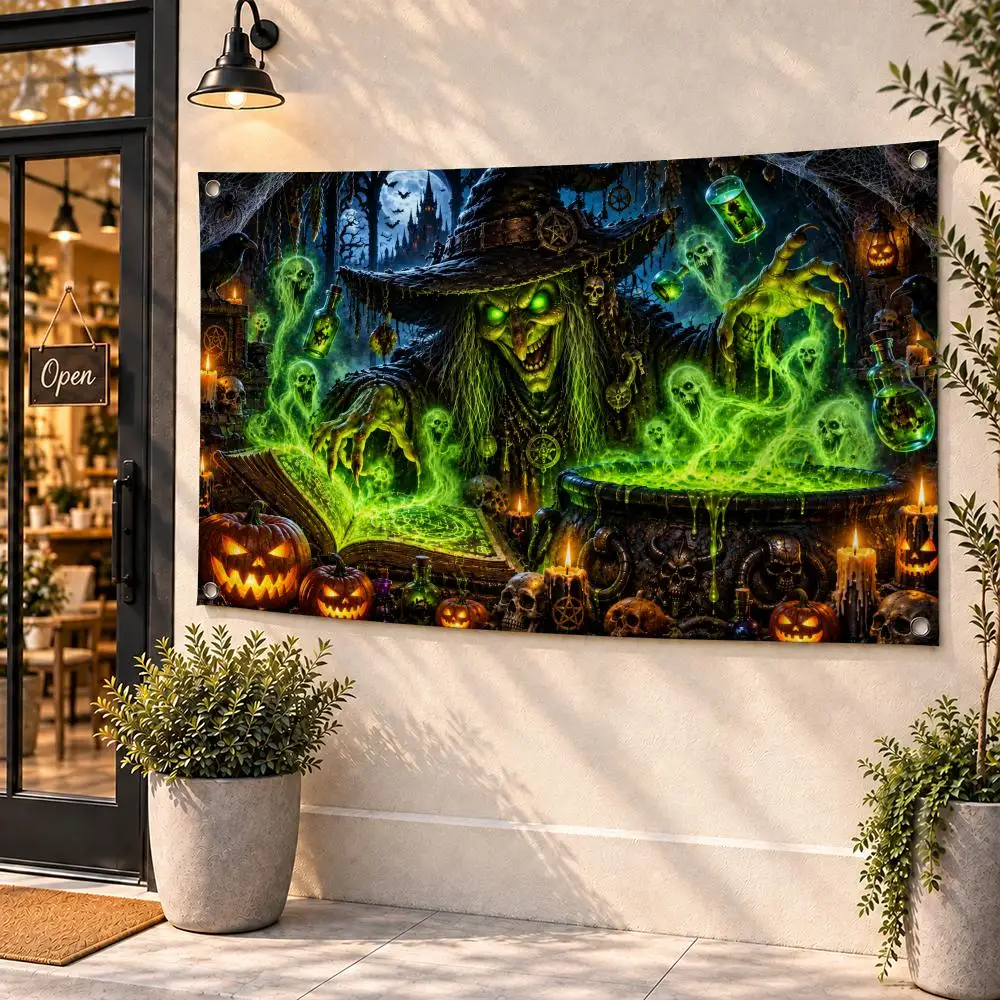 Halloween Magic Cauldron Flags Soft Durable Tapestry Skin-friendly For Outdoor Party Home Living Room Bar Bedroom Decoration