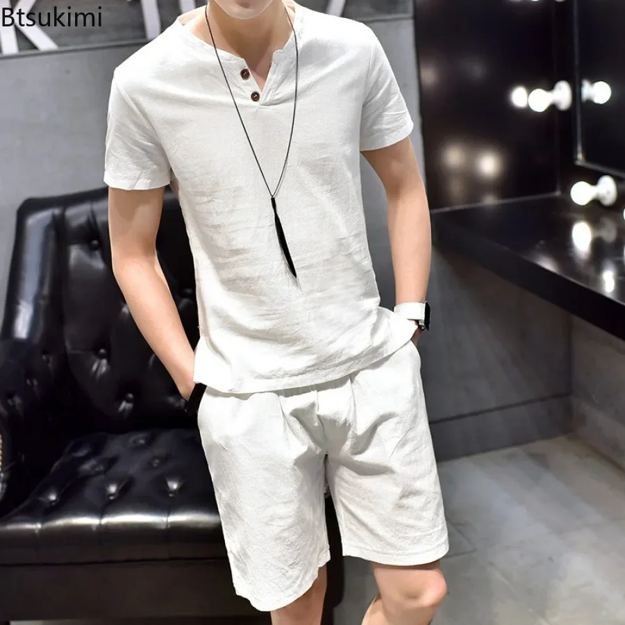 2025 Summer Tracksuit Men's Short Sleeve T-shirt and Shorts Sport Casual Suit Loose Breathable Cotton Linen Two Piece Sets Male