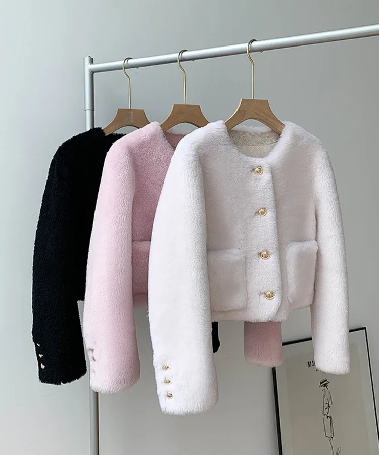 Sweet Little Woman Fur Round Neck Short Lamb Wool Compound Fur Integrated Coat Women's Sheep Shearing Coat