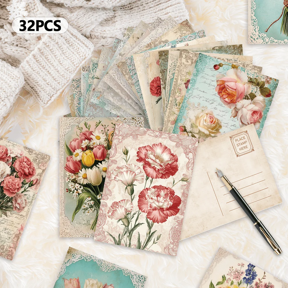 32개 빈티지 꽃다발 엽서, 꽃 테마 인사말 카드, 벽 스티커, 침실 장식, 복고풍 엽서 시리즈.