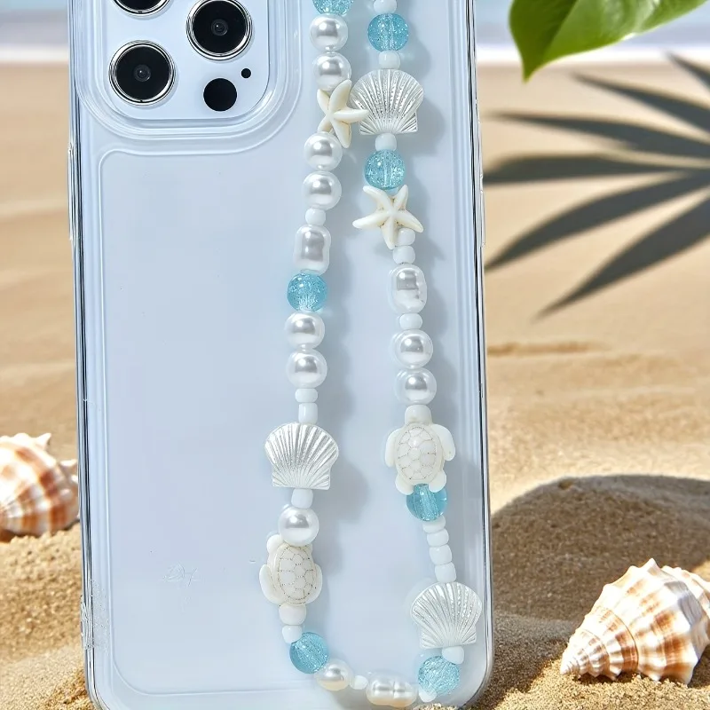 Blue Sea Star Shell Beaded Phone Chain For Phone Case Charm Strap Wrist Trendy Pendant For iPhone Samsung Universal Accessories