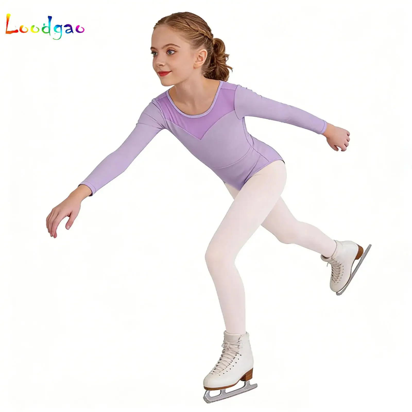 Kids Girls Ballet Dance Leotard Dress Long Sleeves Sheer Mesh Patchwork Ballet Dance Leotard Solid Bodysuit for Dancing Costumes
