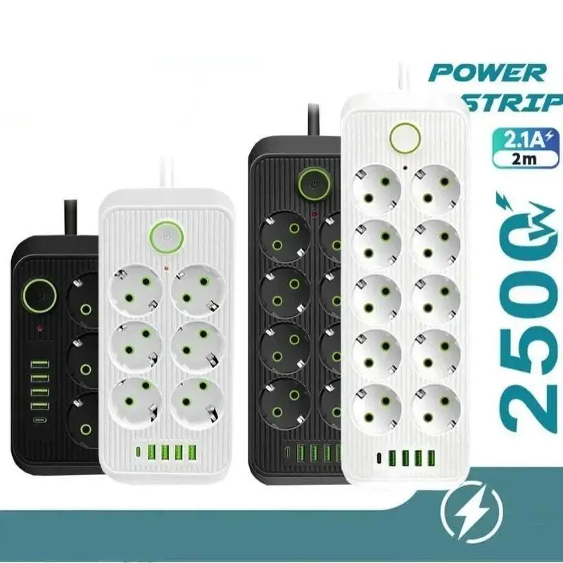 Multi Port EU Plug AC Outlet 3/6/8 Holes 4USB Type C Smart Surge Protection Socket Charging Adapter