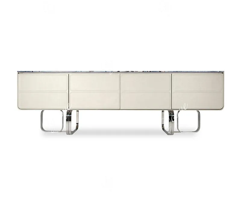 Italian solid wood TV cabinet marble countertop audio-visual cabinet stainless steel floor metal decorative cabinet