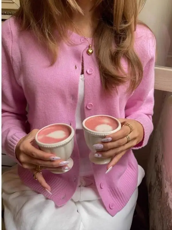 

Sweet Basic Sle Long Sve round Ne Pink Sweater Cardigan Women's Autumn New Arrival Loose Fit Comfortable Knitted Coat