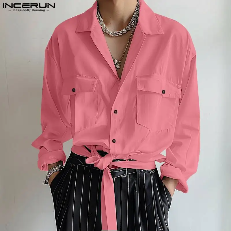 Casual Streetwear Style Tops INCERUN Mens Pocket Twist Design Stylish Well Fitting Male Hot Sale Solid Long Sleeved Blouse S-5XL