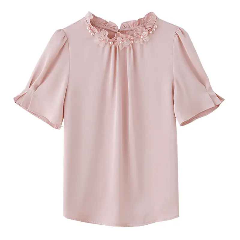 Elegante Gegolfde Hals Kralen Plooien Satijnen Blouses Dameskleding 2024 Zomer Nieuwe Losse Kantoor Lady Tops Poff Mouw Shirts