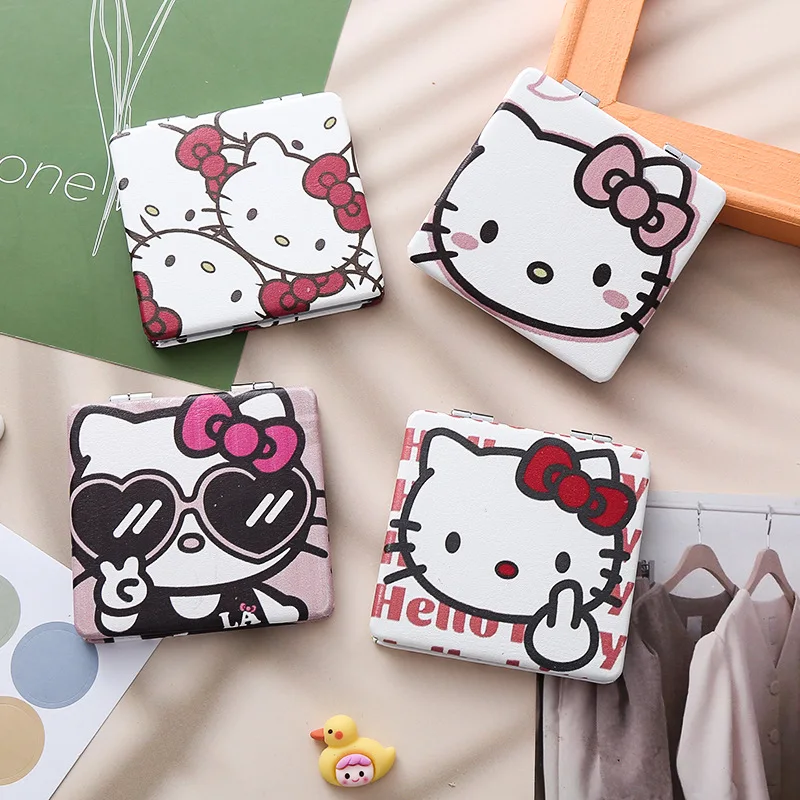 Sanrio Series Hello Kitty Kawaii Cartoon Anime Frame PU Leather Girly Heart Mini Folding Mini Double-sided Mirror Holiday Gift