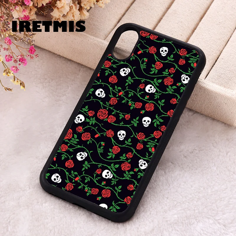 Iretmis Phone Cover Case For iPhone X XS Max XR 11 12 13 PRO MINI 14 15 16 Plus Rubber Silicone Skulls Roses Hallowe