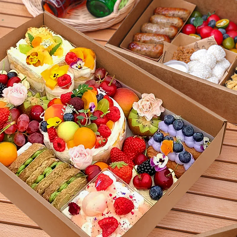 Picnic Kraft Paper Lunch Box Clear Windows Dessert Fruit Packing Food Container for Home Kitchen Restaurant Takeaway Party Event