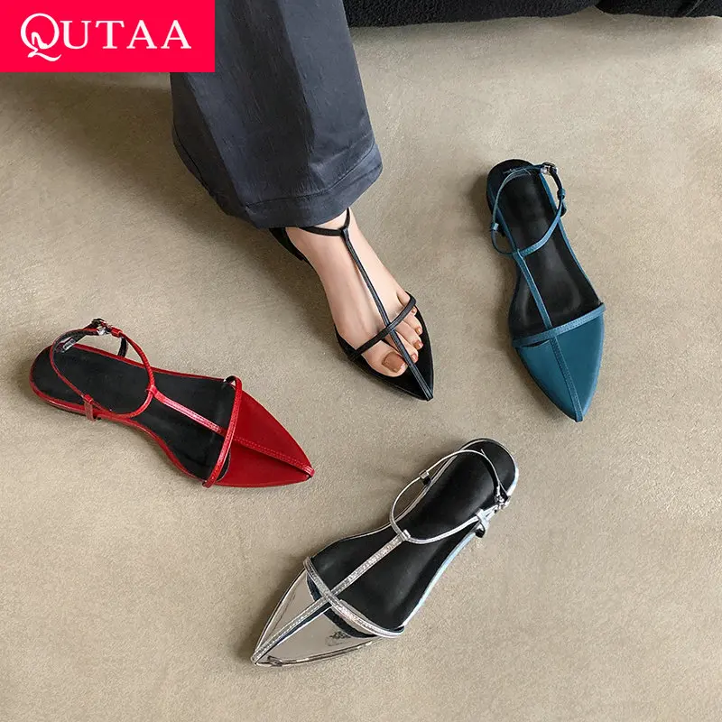 

QUTAA 2025 Fashion Sexy Women Sandals Shoes Low Heels Cow leather Open Clip toe Party Slippers Shoes Dress Size 34-40