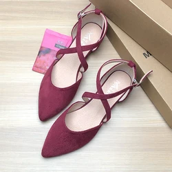 Women Flat Shoes Wine Red Black Apricot Pointed Flats for Women Size 33-43 Cross Strap Basic All Match Zapatos Planos De Mujer