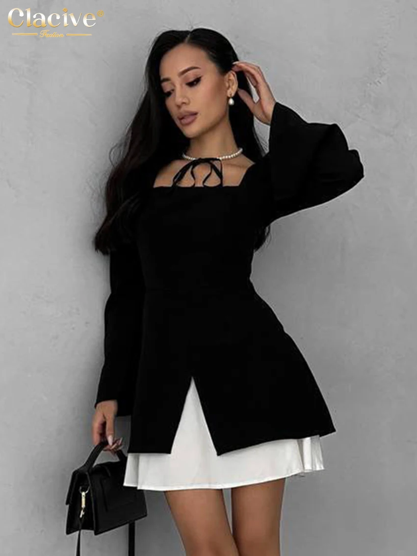 

Clacive Fashion Loose Black Patchwork Women's Dresss Elegant Square Collar Long Sleeve Mini Dress Casual Classic Female Dress