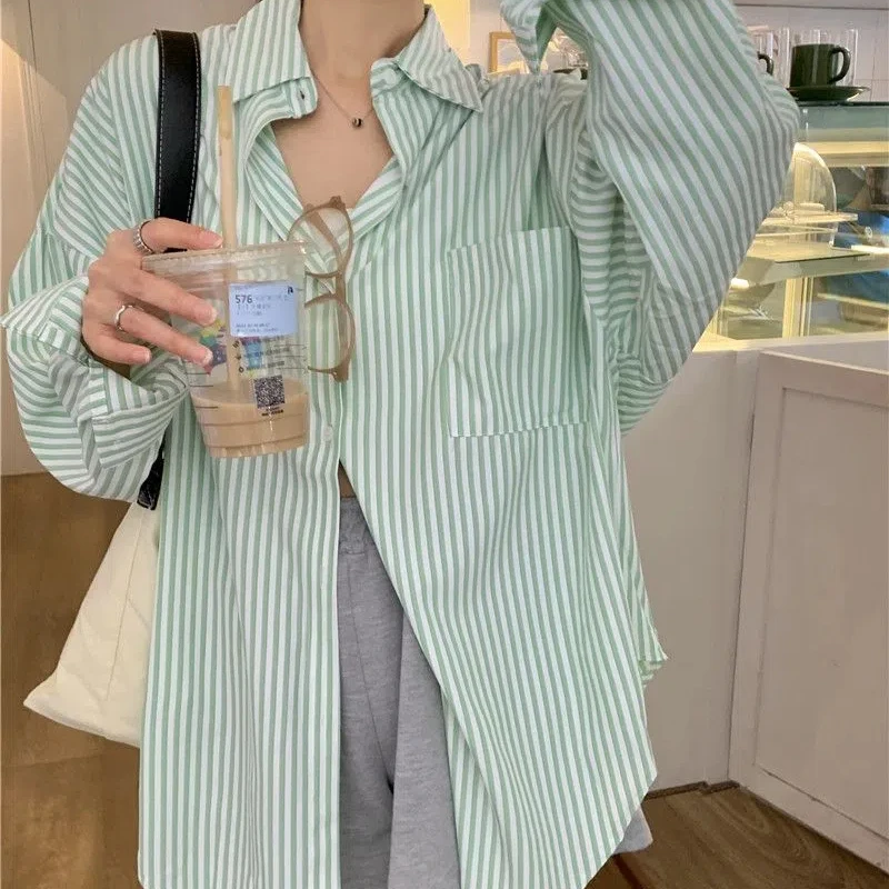 Women\'s 2024 Spring and Autumn New Collection Splicing Polo Collar Button Pocket Stripe Fashion Loose Casual Long Sleeve Shirts