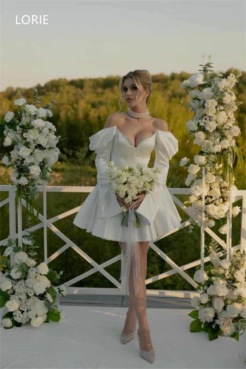 LORIE Seksowne Sukienki Ślubne Mini w Linii A z Odkrytymi Ramionami, Dekolt w Serek, Bez Rękawów, Suknie Ślubne z Odkrytymi Plecami, Szyte na Miarę 2025