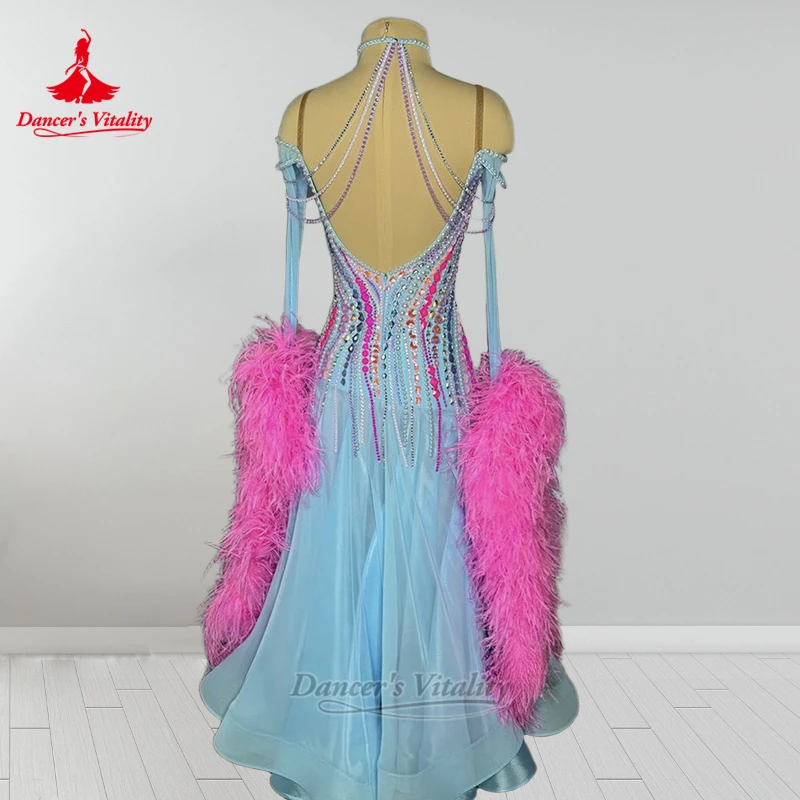Standard Social Dance Pearl Decoration Dew Shoulder Wrapped Hips Dresses Customize Dancer's Vitality Adult Waltz Feather Attire