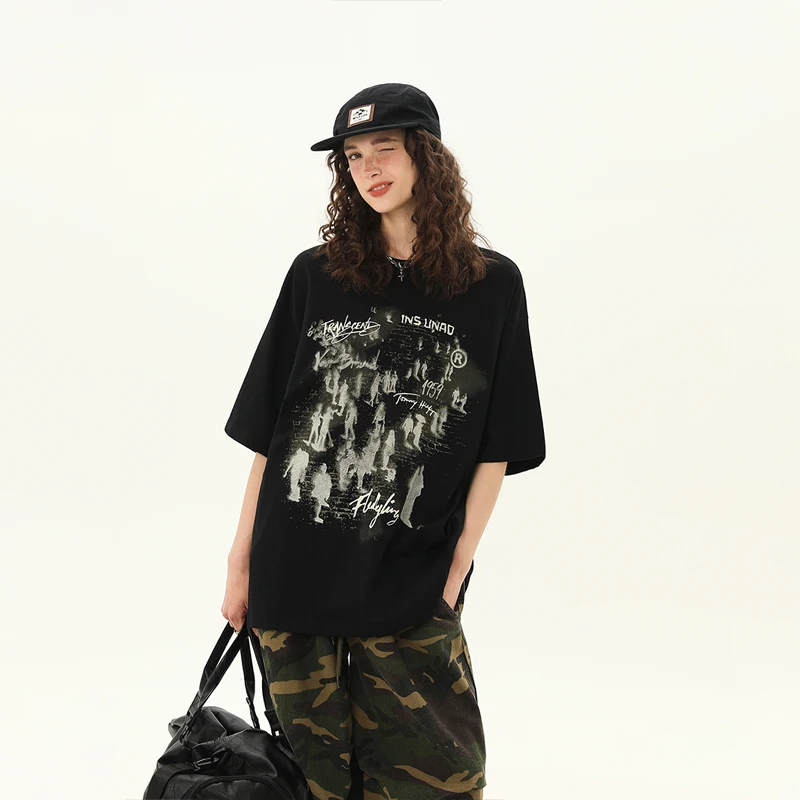 

American Retro Image Graffiti Street Tide Brand Short-sleeved T-shirt Men's and Women's Summer Loose Couple Tops