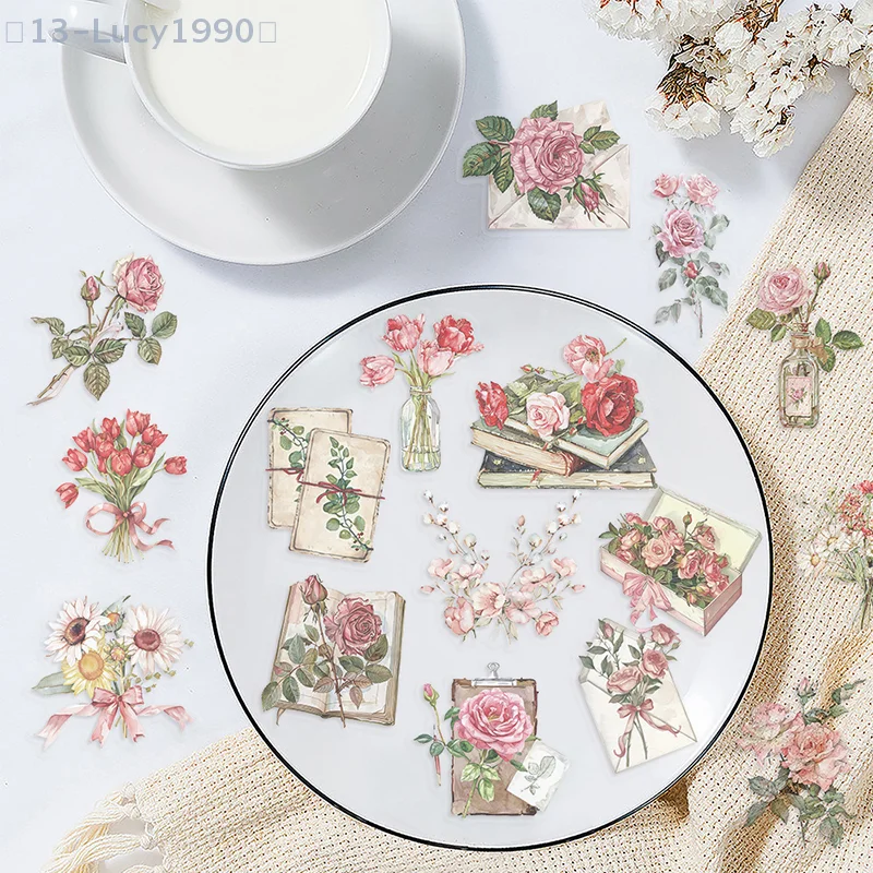 50PCS Waterproof Transparent PET Booklet Flower Material Decorative Guitar Notebook Ink Flower Stickers Pack