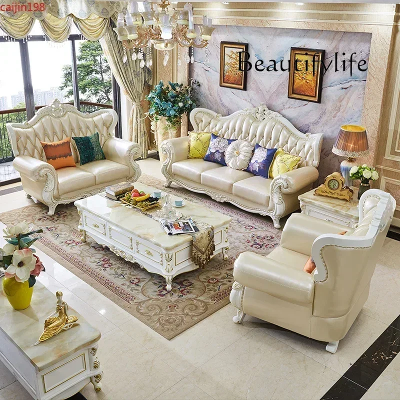 

R European Style Leather Sofa Living Room Combination Solid Wood Leather Simple European Small Family Villa Retro Modern Apartme