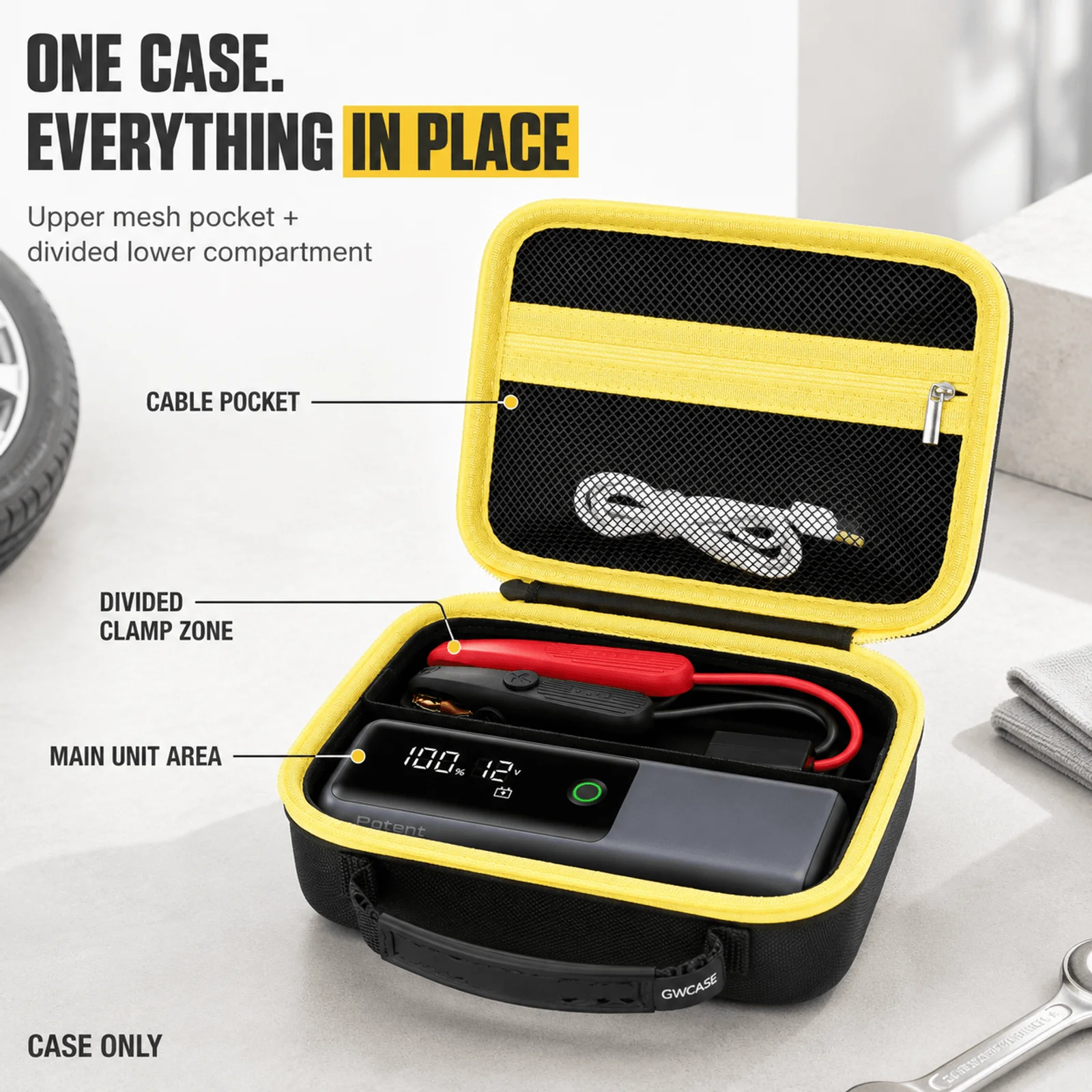Jump Starter Case for Fanttik Potent T10, EVA Hard Shell，Divider Storage, Zippered Mesh Pocket, Trunk And Garage Organization