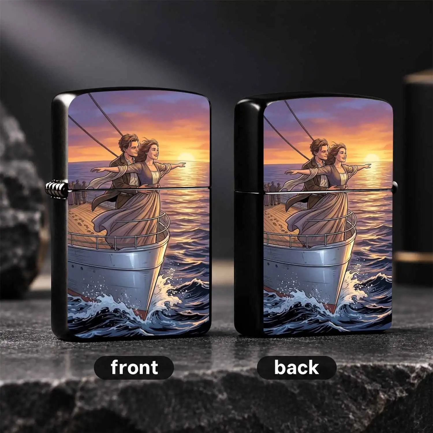 Titanic Classic Scene Printed Lighter Romantic Jack Rose Bow Embrace Sunset Pattern Portable Stylish Accessory Exquisite Souvenir Present For Partners Friends Suitable For Daily Various Scenes Usage A Humorous And Interesting Lighter