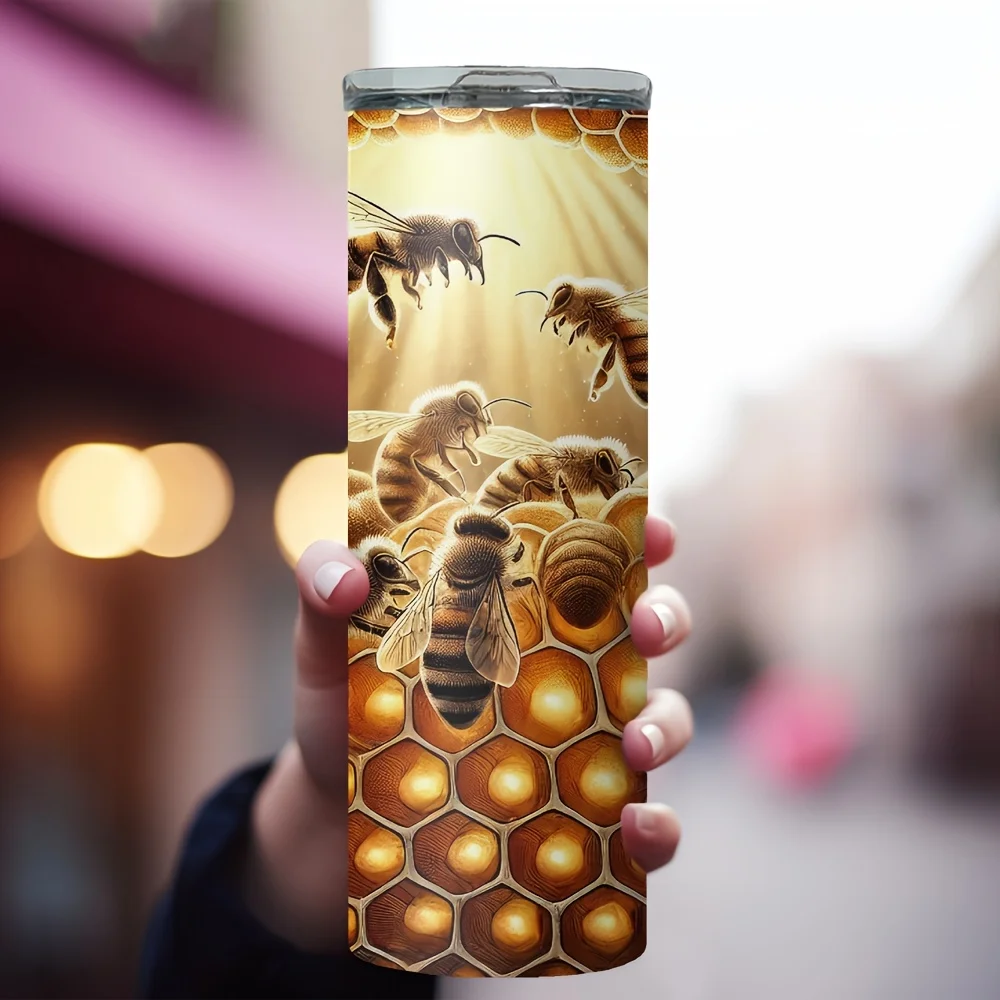 1pc 20oz Stainless Steel Insulated Tumbler with Honeycomb Bee Dance Pattern, Straw Included - Ideal for Car/Home Use & Gifts to Family and Friends