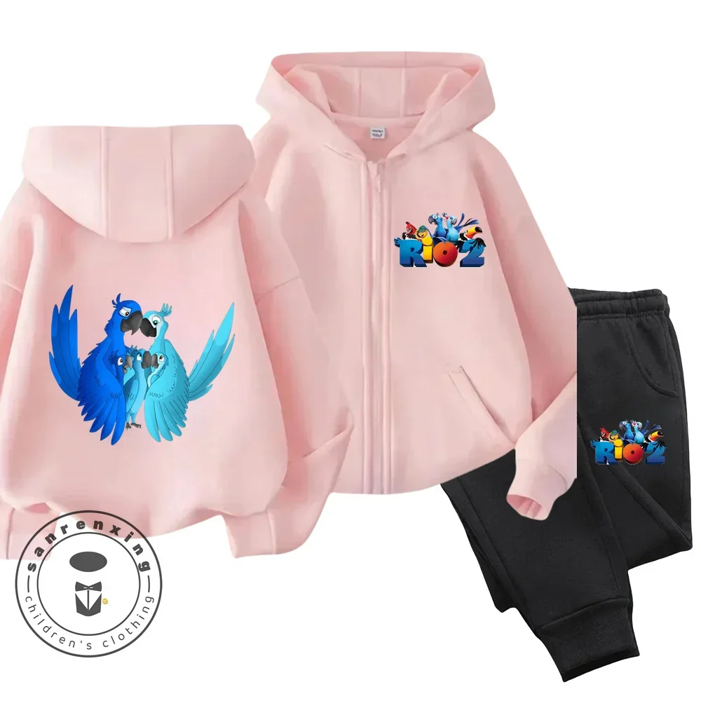 Kawaii Rio Hoodie For Girls Casual Long-sleeves Sweatshirt+long Pants Zipper Sets for 2-13 Years Kids Autumn 2pcs Set Clothing