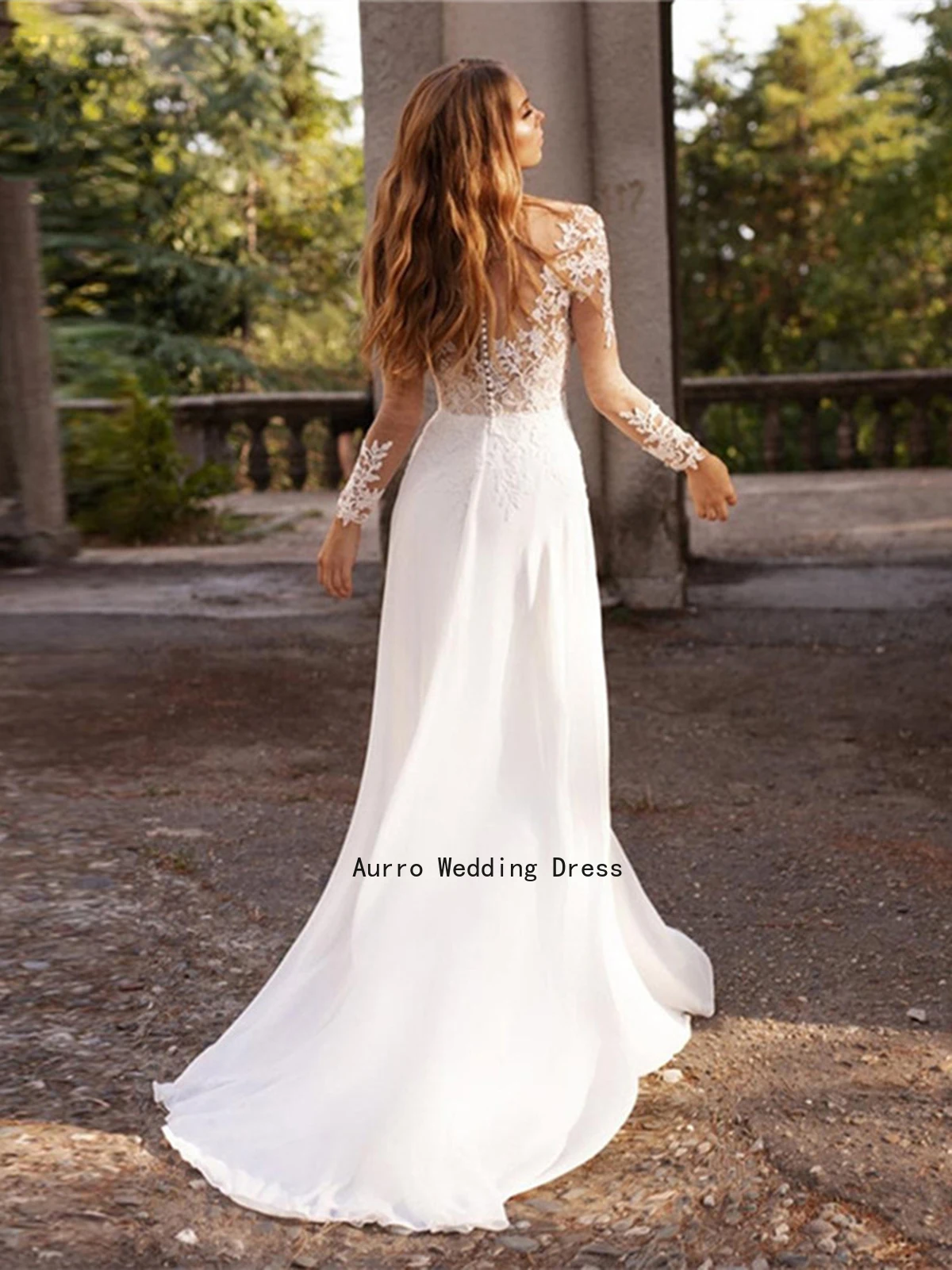 Elegante vestido De novia De gasa con apliques De tren De barrido De encaje, manga larga, línea A