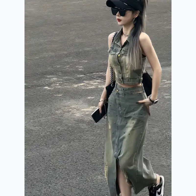 Retro Denim Vest Female High Waist Split Temperament Long Skirt Summer Fashion Online Celebrity Fried Street Casual Skirt Suit .