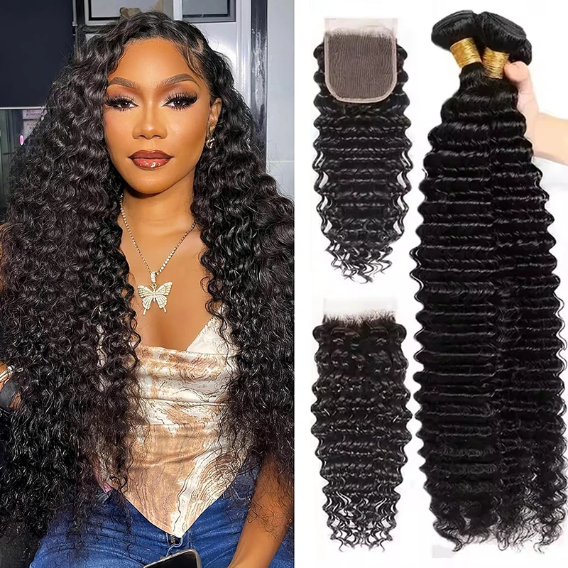Deep Wave Human Hair Bundles With 4x4 Lace Closure Brazilian Human Hair Bundles With 13x4 13x6 Lace Frontal For Women