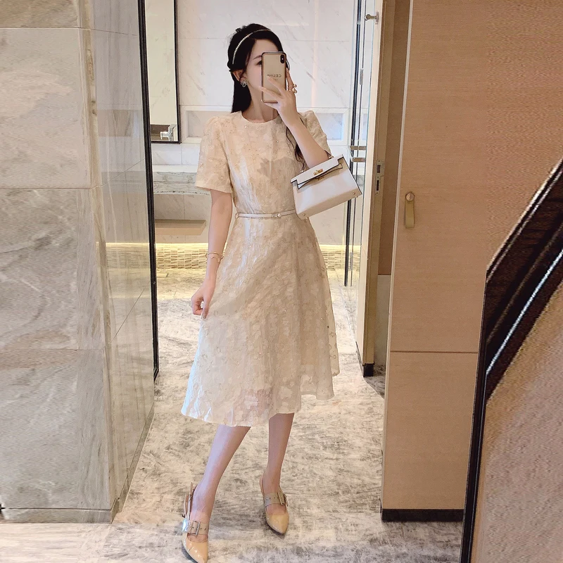 New 2024 Elegant Women Round Collar Short Sleeve Prom Party Dress Luxury Chic Summer Embroidery Flower Sequin Belt Midi Vestidos