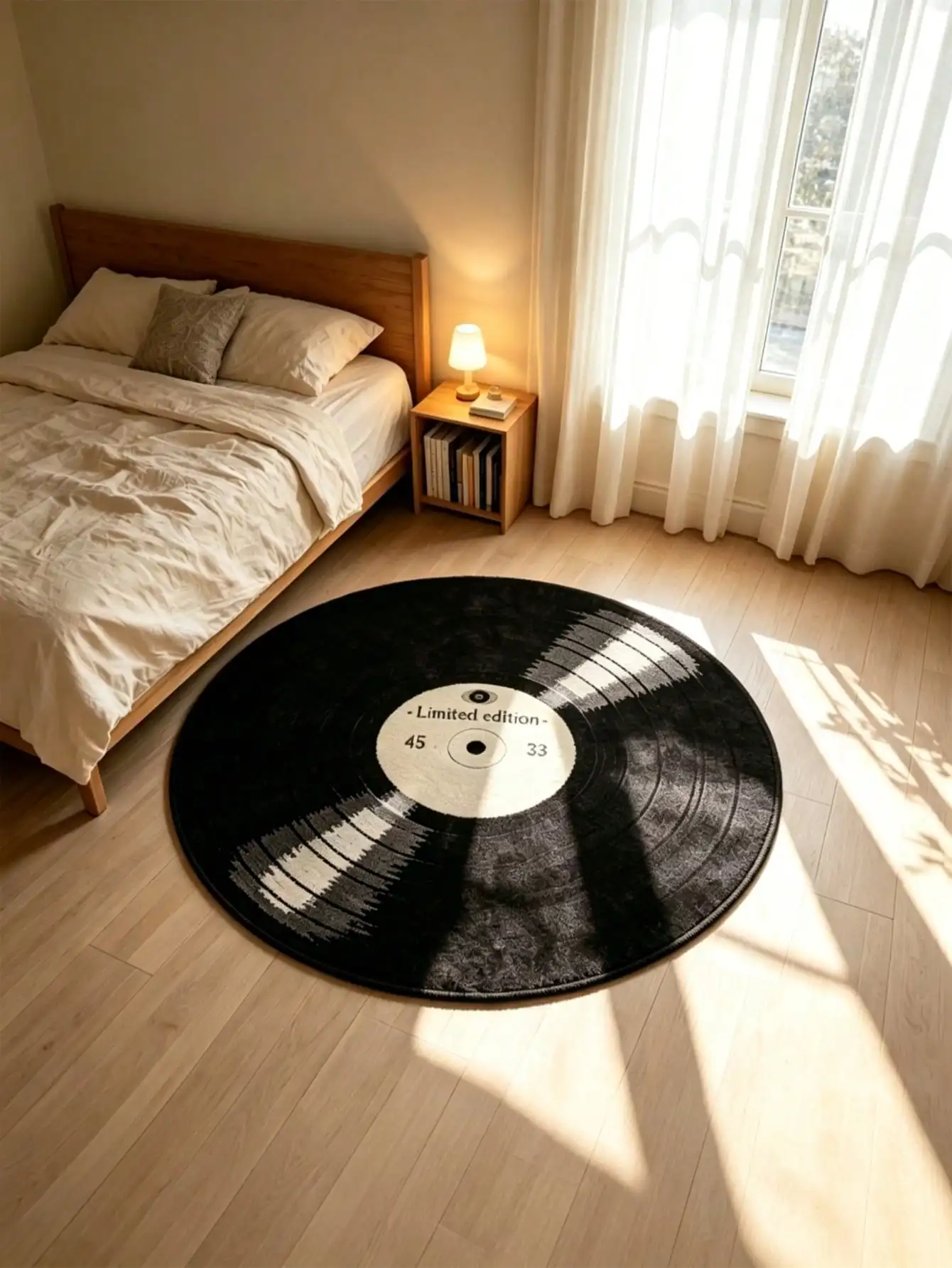 1pc Faux Cashmere, Bedroom Carpet, Retro Black Vinyl Record Pattern Round Carpet, Soft, Fluffy And Comfortable Floor Mat, Music Enthusiast's Decorative Carpet, Suitable For Living Room, Sofa, Dressing Room And Leisure Area SH260517170639084002835