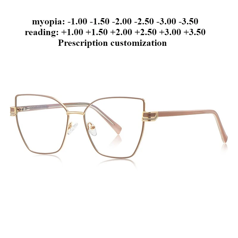 

56-19 модные очки для чтения с защитой от синего света, женские рогатки, золотая проволочная оправа, большое лицо, близорукость, индивидуальная настройка по рецепту