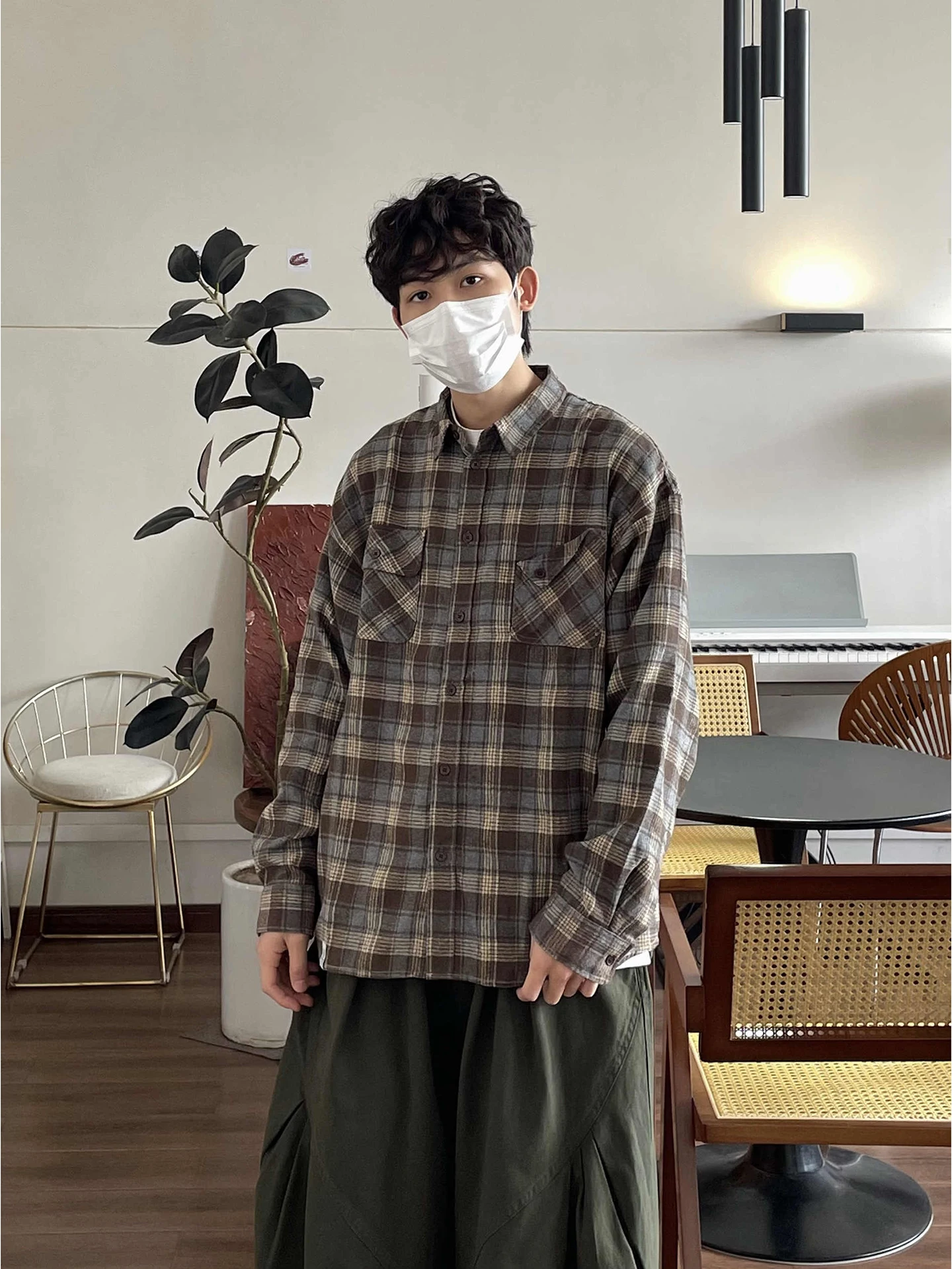 

Retro Japanese Sle Long Sve irt Men's Loose Design Casual Cheered Pattern Wear Resistant Cotton Polyester Blend