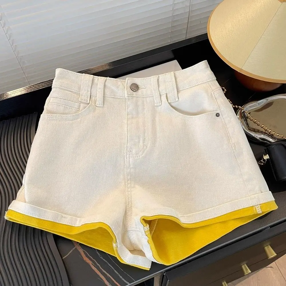 

Femme Trend Sexy Patchwork High Waist Shorts Summer 2025 New Jeans Women Clothing All-match Zipper Slim Pocket Wide Leg Pants