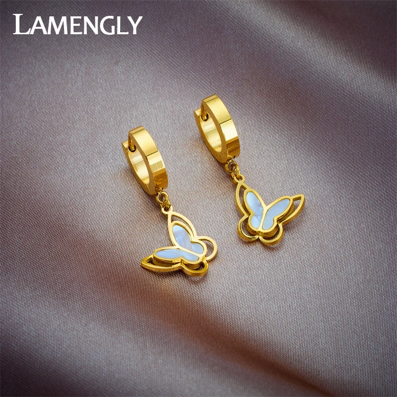 LAMENGLY 316L Stainless Steel Hollow Butterfly Charm Earrings For Women Girl New Non-fading Ear Buckle Jewelry Gift Wedding