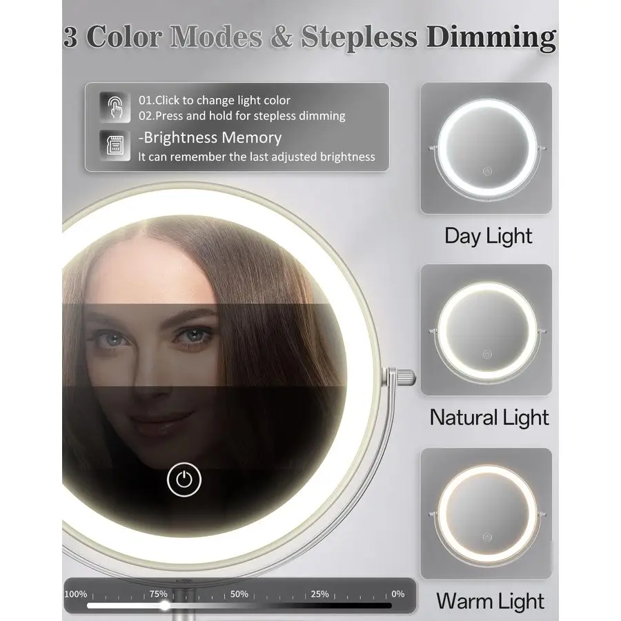 Mirror with Lights, 1X 30X Lighted Magnifying Mirror Height Adjustable, 3000mAh Rechargeable Double Sided Vanity Mirrors with 3