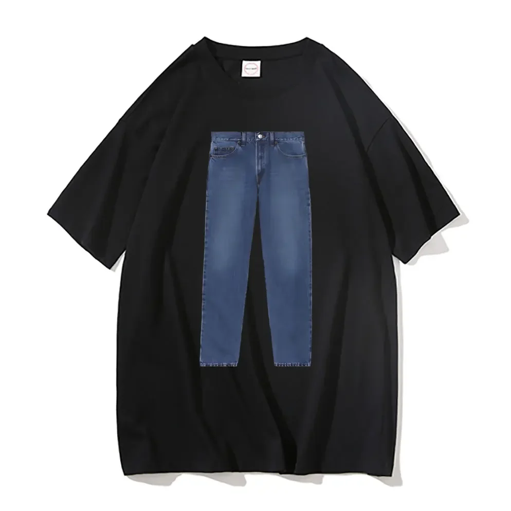 

Interesting jeans pattern T-shirt for men, summer streetwear trend, 100% pure cotton fashionable casual top, short sleeve