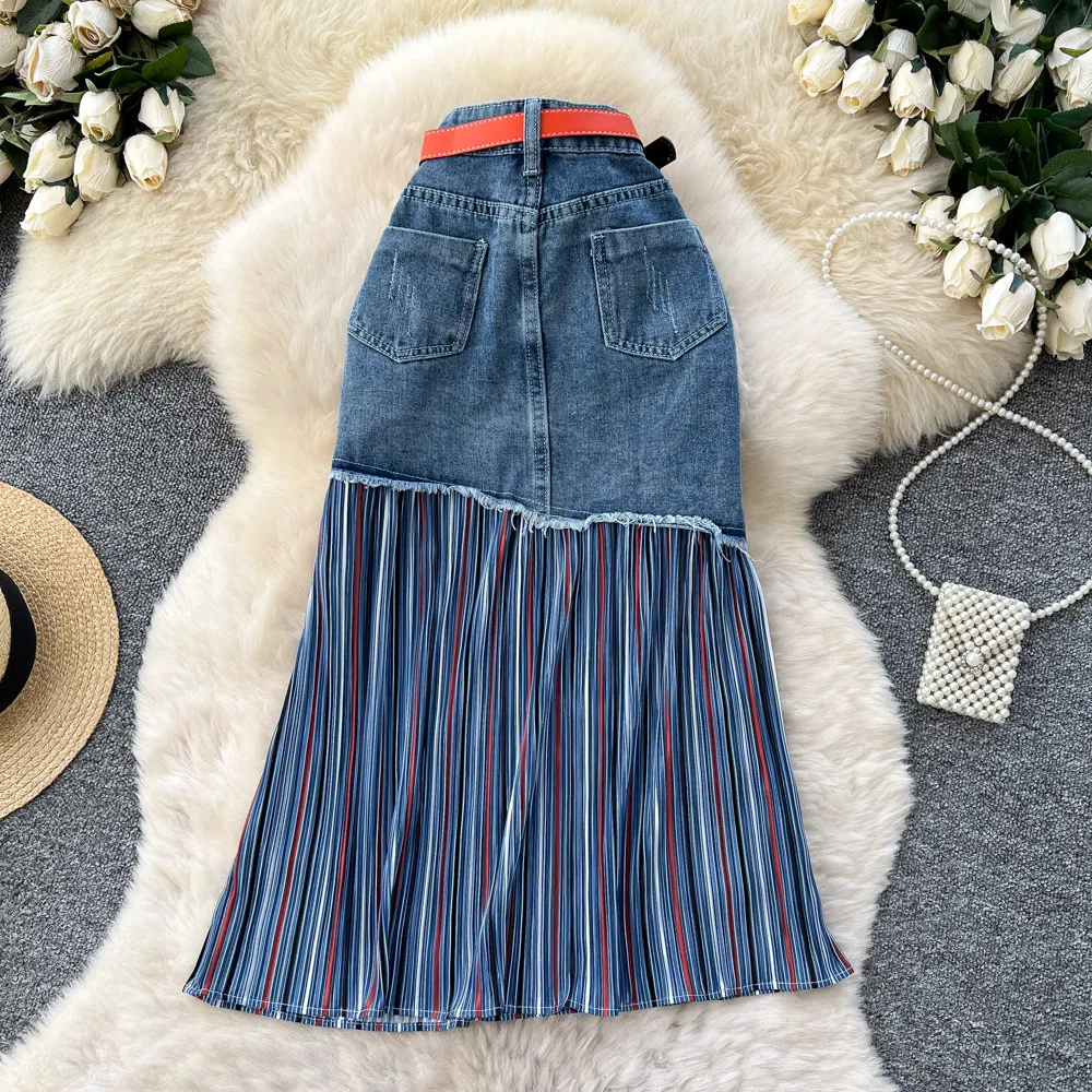 TWOTWINSTYLE Koreaanse Stijl Slanke Denim Rokken Voor Vrouwen Hoge Taille Gesplitste Knop Herfst Causale Hit Kleur Rok Vrouwelijke KSK557081